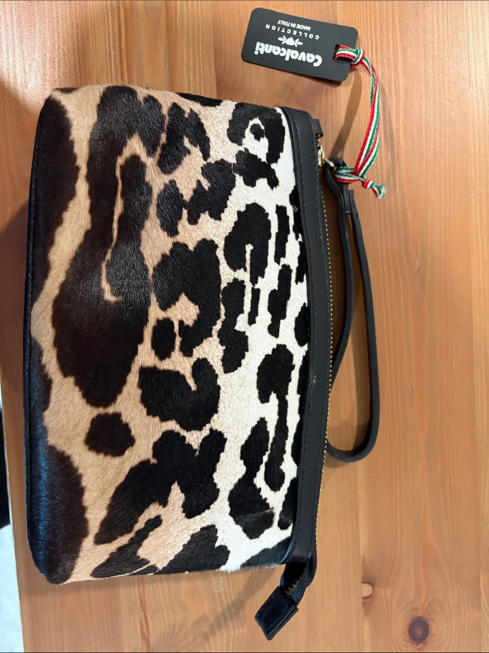 NWT Cavalcanti Black & White Leopard Print Italian Leather Wristlet Clutch